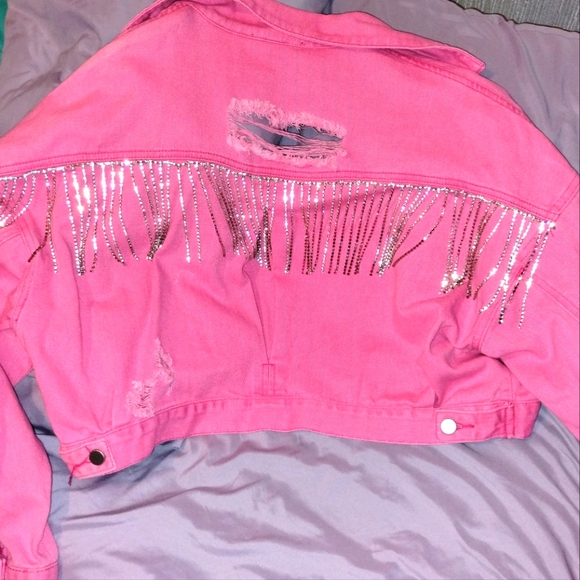 Hot pink distressed denim Jacket with rhinestone fringe on the back. - Picture 3 of 3